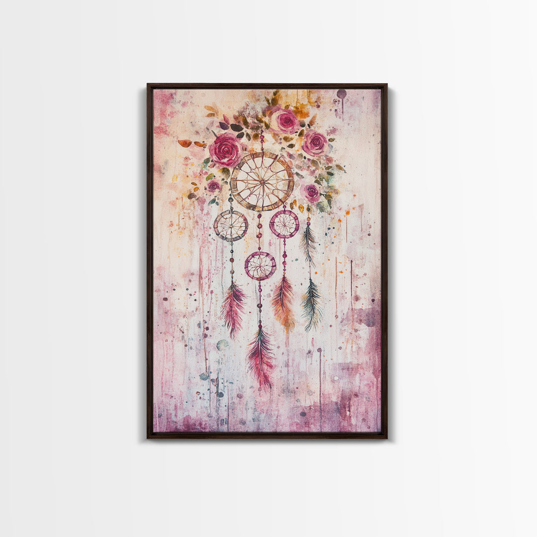 Dreamcatcher with Roses Framed Canvas Print Boho Bedroom Art Botanical Prints Pink Wall Art Light Pink Home Decor Wildflower Painting
