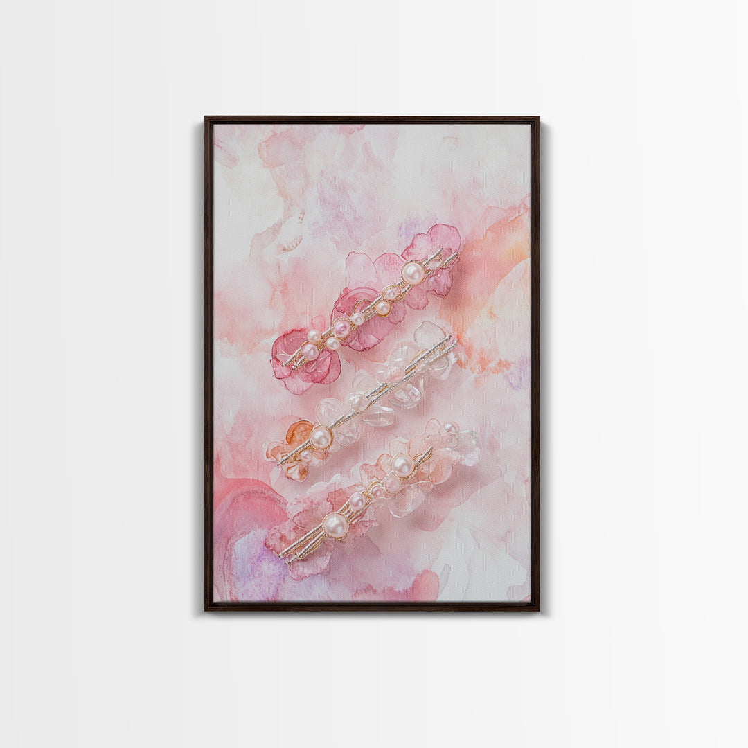 Elegant Floral Hair Accessories Canvas Print, Whimsical Art, Feminine Wall Art, Pink Abstract Art, Light Pink Wall Art, Bedroom Decor