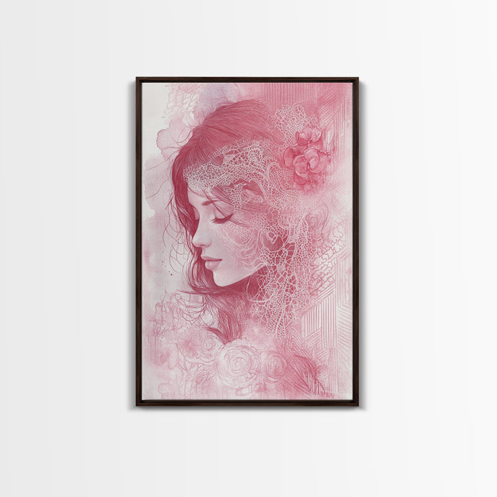 Romantic Portrait Framed Canvas Print Featuring Angels Wall Art Pink Abstract Art Elegant Bedroom Living Room Boho Aesthetic