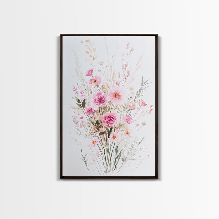Elegant Pink Bouquet Framed Canvas Print Featuring Wildflower Painting Light Pink Wall Art Cottagecore Aesthetic Farmhouse Artwork