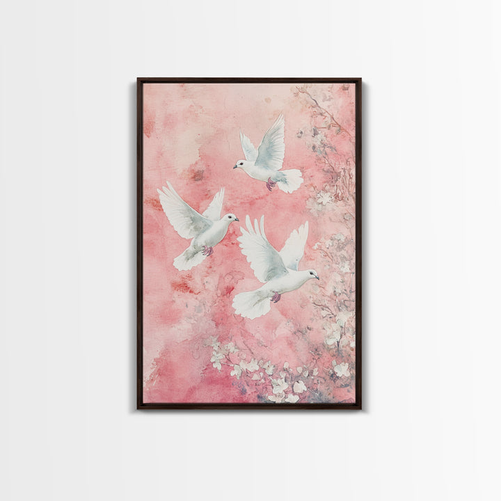 Cherry Blossom Art with Peaceful Doves Framed Canvas Print, Angelic Bird Art Pink Decor, Whimsical Bedroom or Living Room Gift