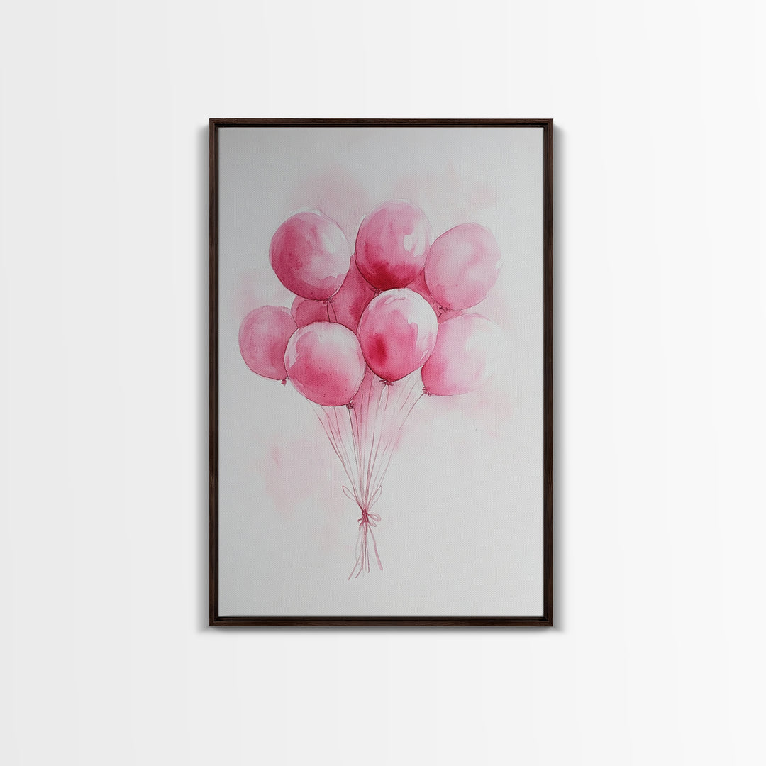 Pink Abstract Balloon Bouquet Framed Canvas Print, Whimsical Party Wall Art Light Pink Decor, Ideal Rustic Bedroom Aesthetic