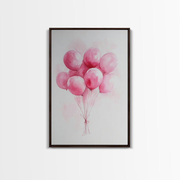 Pink Abstract Balloon Bouquet Framed Canvas Print, Whimsical Party Wall Art Light Pink Decor, Ideal Rustic Bedroom Aesthetic