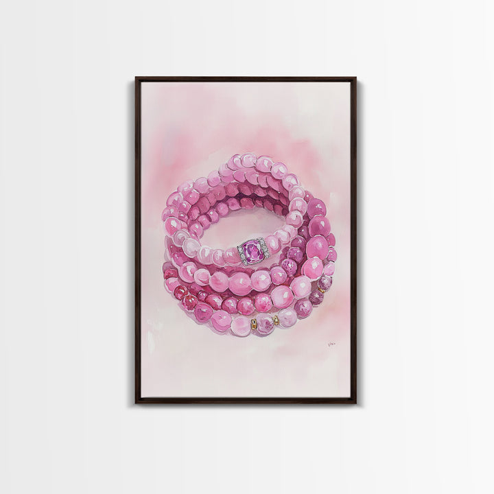 Pink Gemstone Bracelet Painting Framed Canvas Print, Whimsical Jewelry Art Light Pink Decor, Feminine Bedroom or Gift Aesthetic