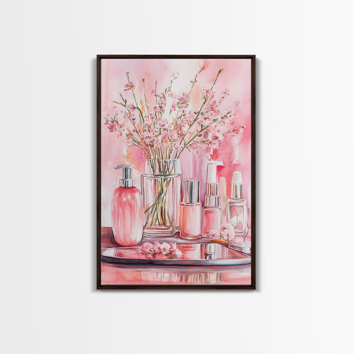 Pink wildflower botanical prints with glass bottles framed canvas print for bedroom or guest room rustic decor gift idea her wall art