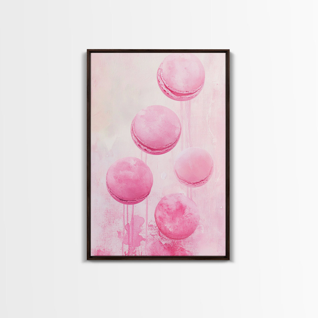 Cute pink macarons whimsical kitchen framed canvas print food review dessert art playful pastel decor cozy gift idea fun wall art