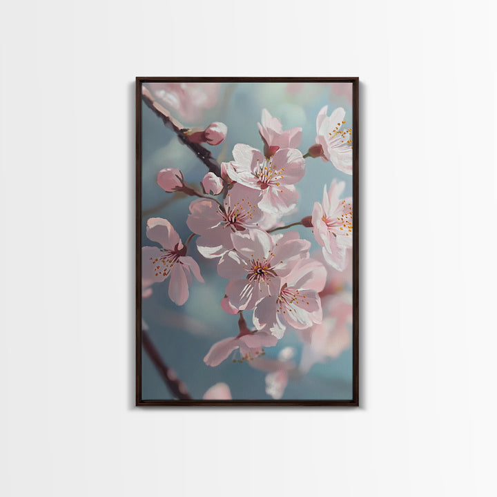 Japanese Sakura Canvas Print | Cherry Blossom Painting Art | Pastel Blue Floral Wall Art Gift Idea | Light Pink Bedroom Art