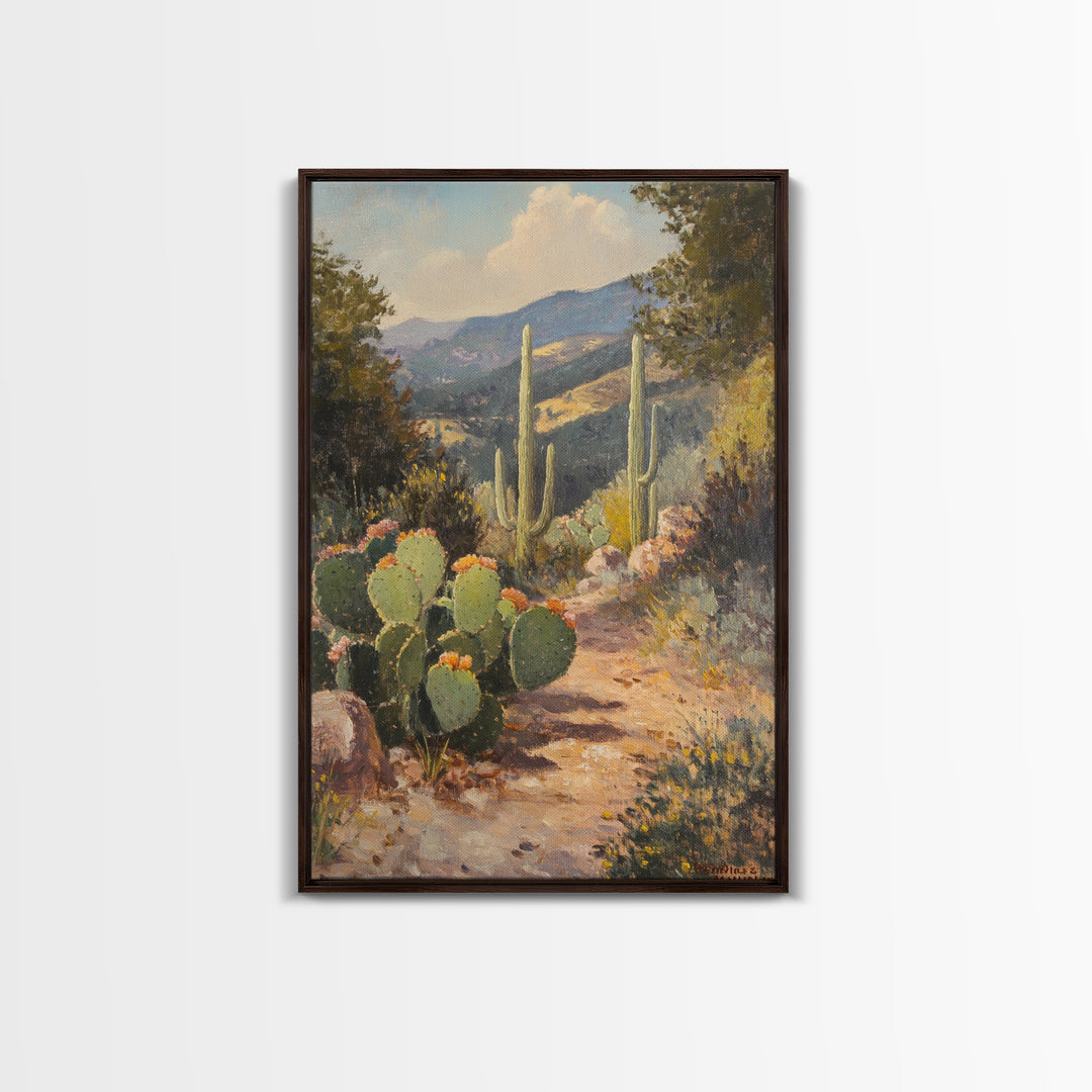 Cactus Bloom Framed Canvas Print Rustic Wall Art Living Room Decor Farmhouse Wall Art Original Painting Gift Idea Landscape Art