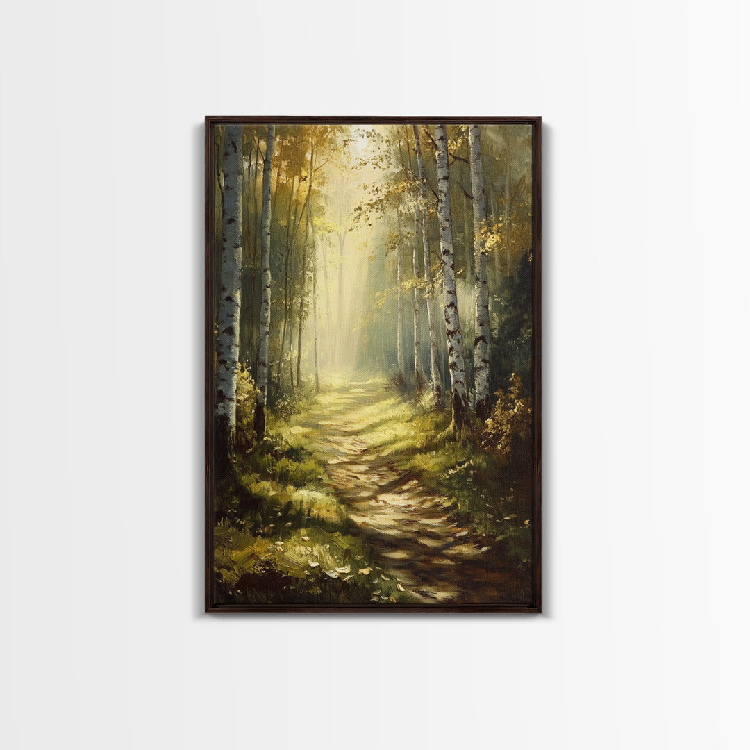 Birch Forest Path Framed Canvas Print Rustic Wall Art Farmhouse Wall Art Nature Landscape Art Above Bed Wall Art Fall Decor Living Room Art