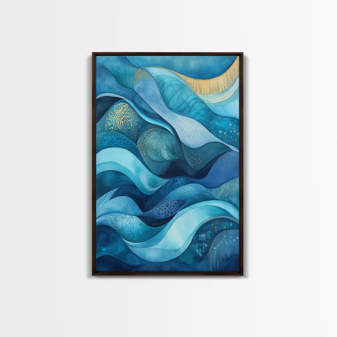 Flowing Blue Waves Canvas Print Modern Coastal Art Abstract Zen Decor Nautical Wall Gift Idea Bedroom Calm Artwork Design