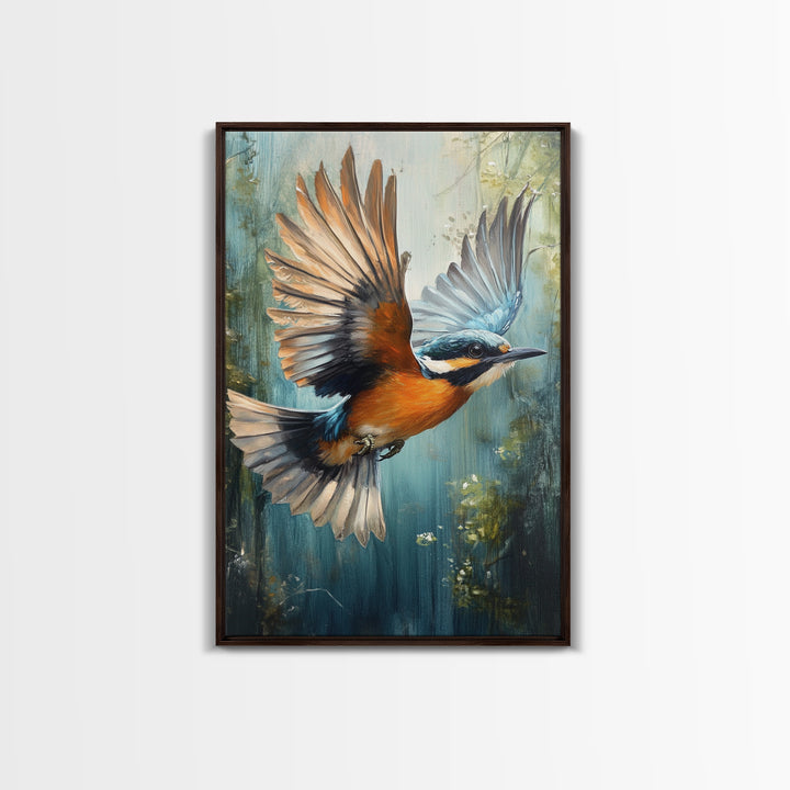 Blue Kingfisher Bird Canvas Print | Vibrant Nature Painting Wall Art | Wildlife Rustic Art Above Sofa | Whimsical Bird Original Artwork