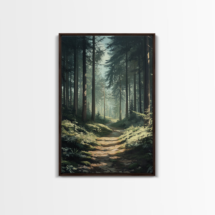 Forest Path Landscape Framed Canvas Print with Pine Tree Art, Rustic Decor and Serene Nature Above Sofa Artwork