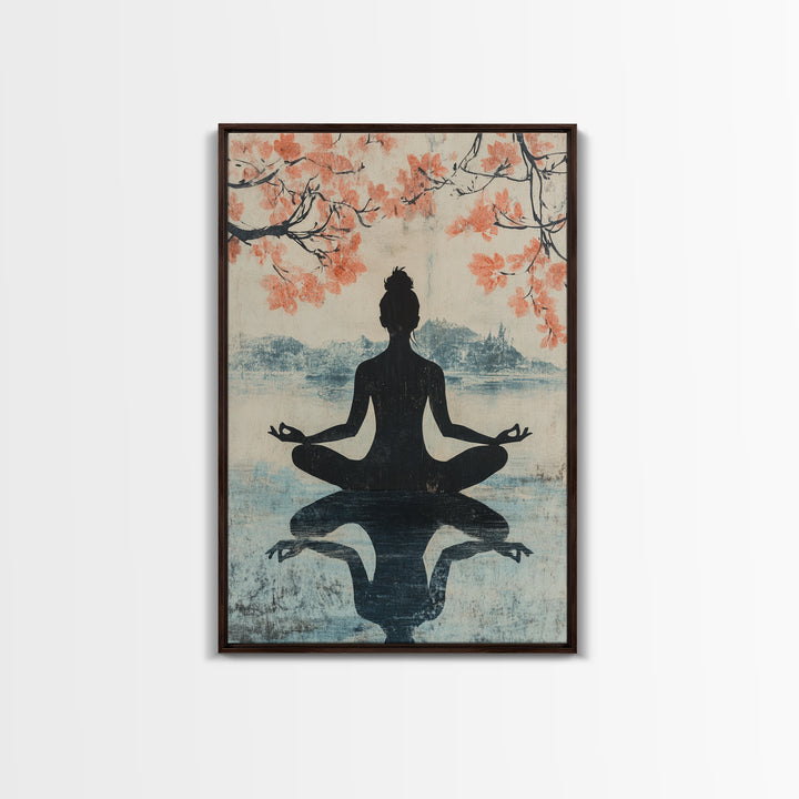 Cherry Blossom Canvas Print Featuring Zen Silhouette, Oriental Inspired Wabi Sabi Art, Minimalist Yoga Wall Art for Tranquility