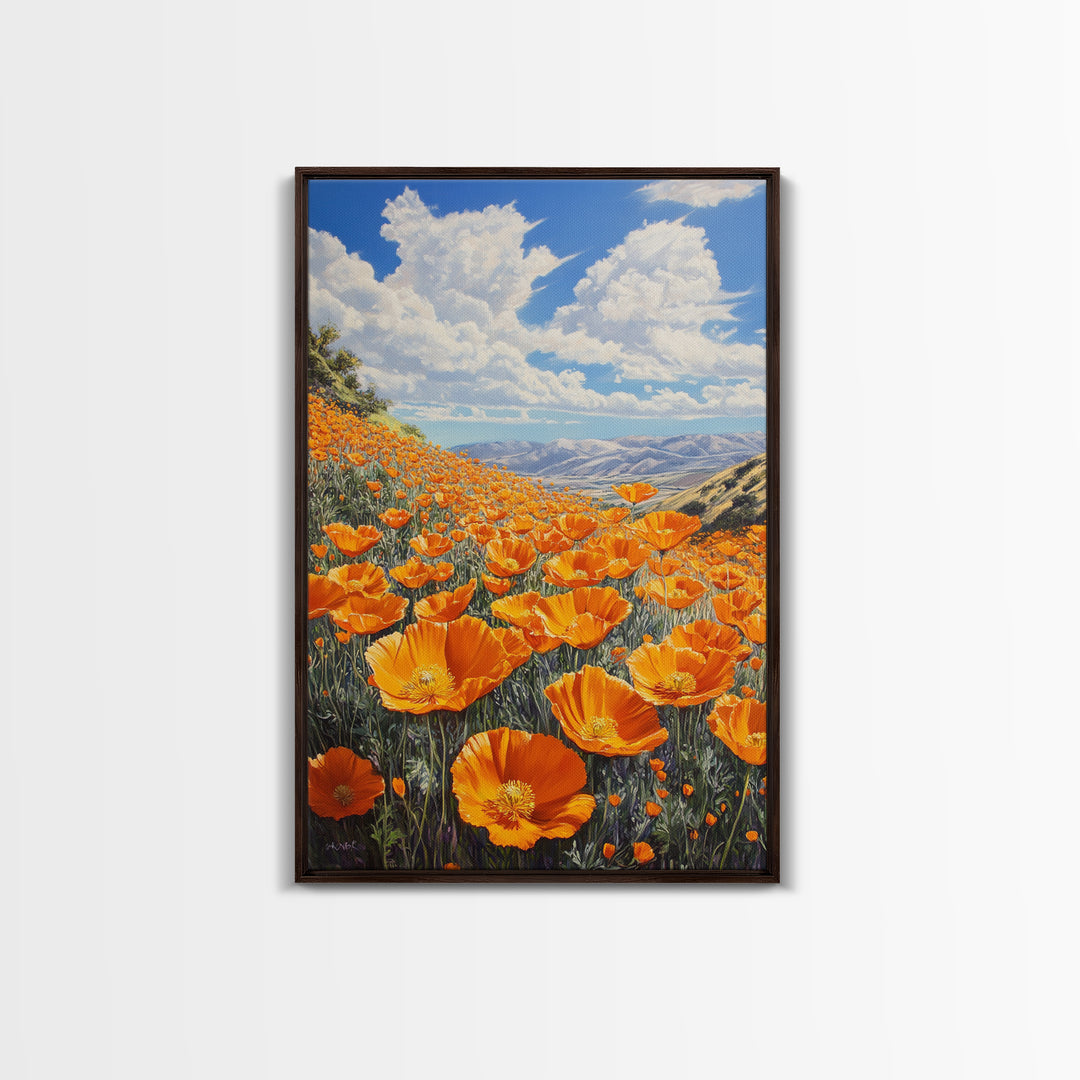 California Poppy Canvas Print with Vibrant Wildflower Painting, Rustic Living Room Art, Nature Landscape for Farmhouse Wall Decor