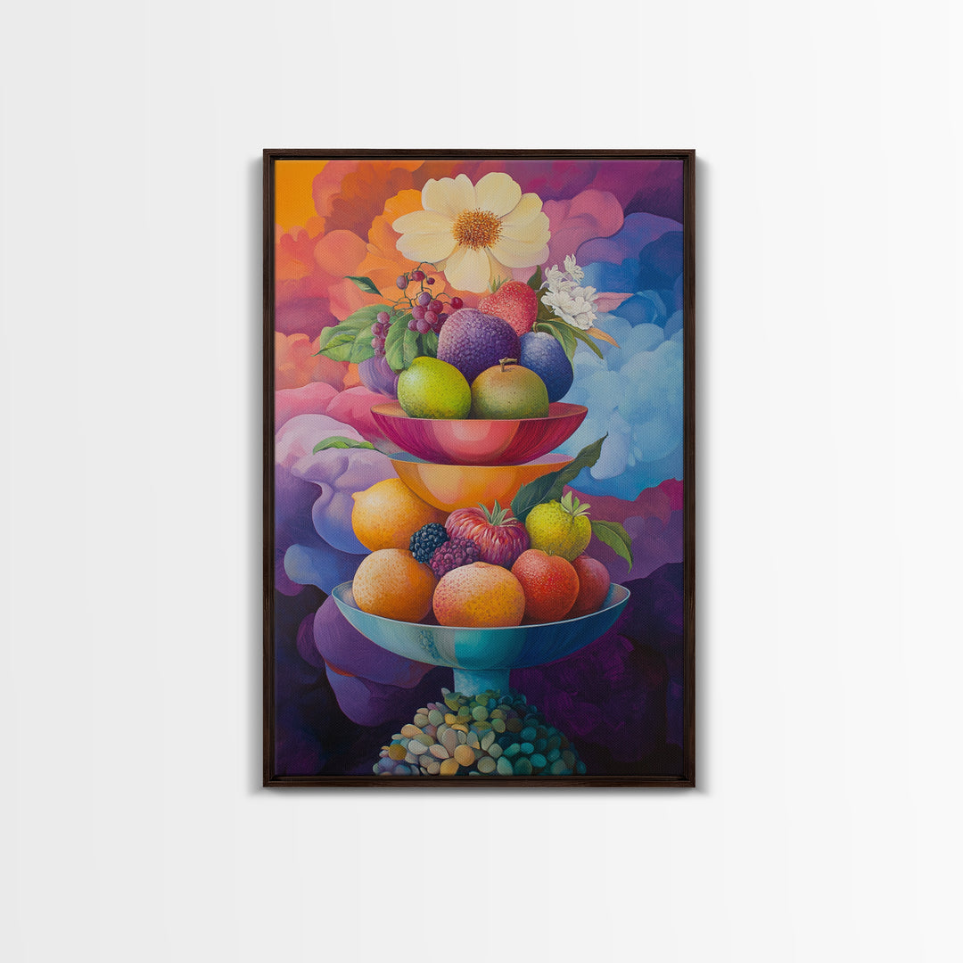 Colorful Fruit Bowl Canvas Print Featuring Still Life Painting, Whimsical Kitchen Art, Vibrant Food Review Wall Art for Dining Spaces