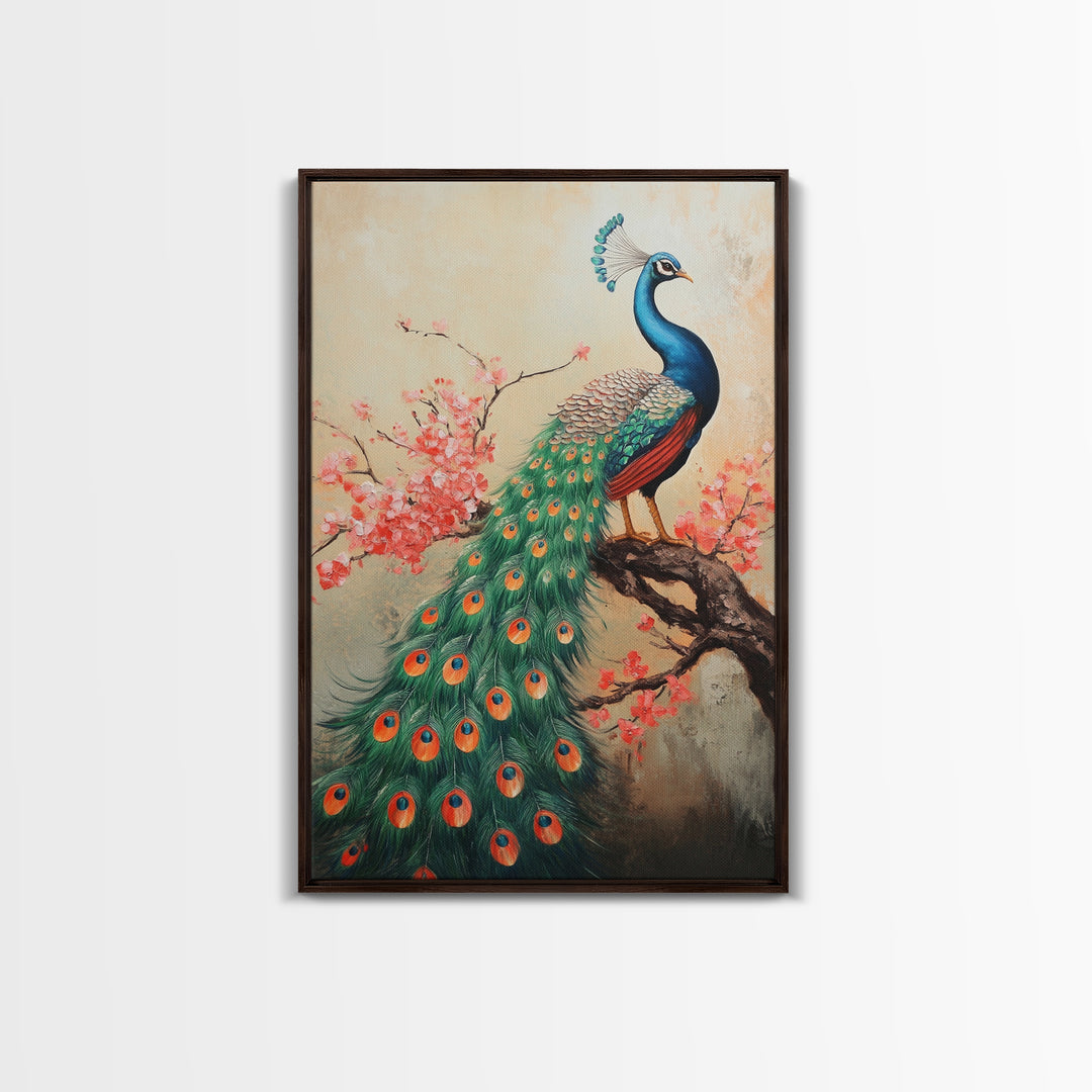 Peacock Canvas Print with Cherry Blossom Painting, Vibrant Oriental Art, Rustic Chinoiserie Wall Decor, Bold Statement Piece for Living Room
