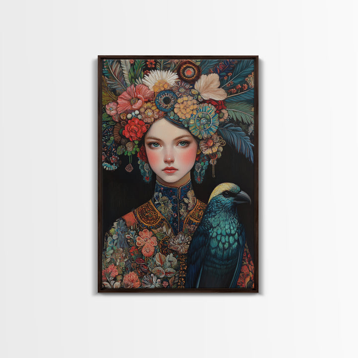 Goddess Art Framed Canvas Print Featuring Whimsical Floral Headdress and Bird Art, Boho Bedroom Art with Vibrant Chinoiserie Vibes