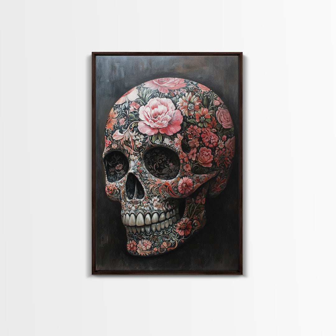 Skull Art Framed Canvas Print with Intricate Floral Patterns in Gothic Boho Style, Chinoiserie-Inspired Rustic Bedroom or Living Room Art