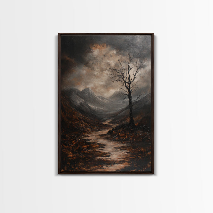 Mountain Painting Framed Canvas Print with Mystical Sunrise Over Autumn Forest Path, Rustic Landscape Art with Moody Coastal Vibes