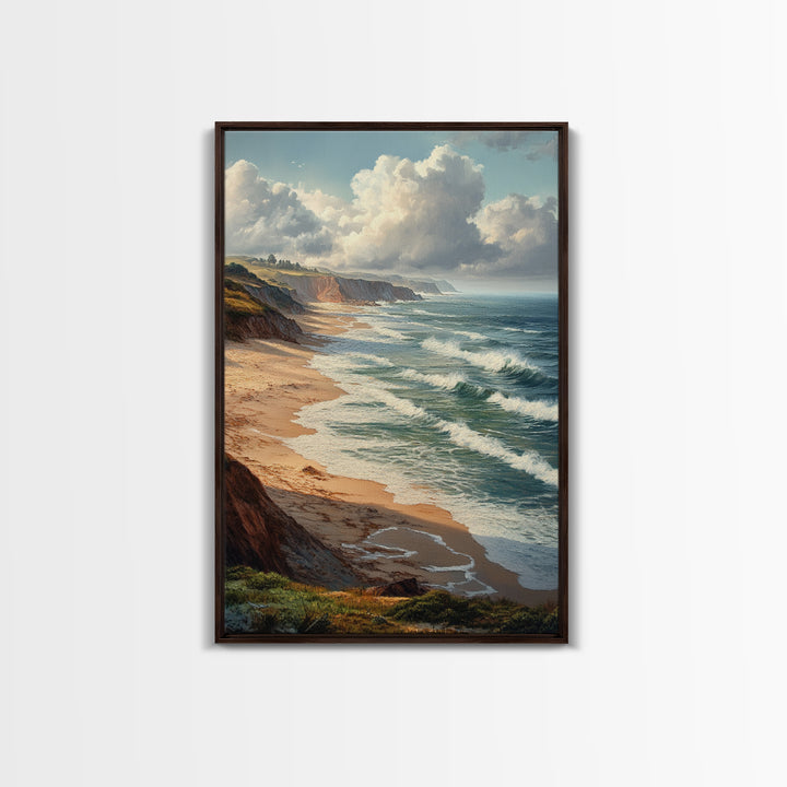 Coastal Seascape Framed Canvas Print Ocean Landscape Painting Cliffside Waves Art Nautical Coastal Decor Above Sofa Rustic Living Room Art
