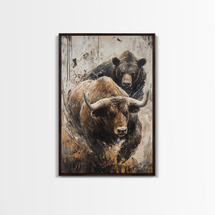 Bull and Bear Dynamic Framed Canvas Print Rustic Wall Art Financial Market Theme Gift Idea Living Room Decor Unique Animal Artwork Rustic Art