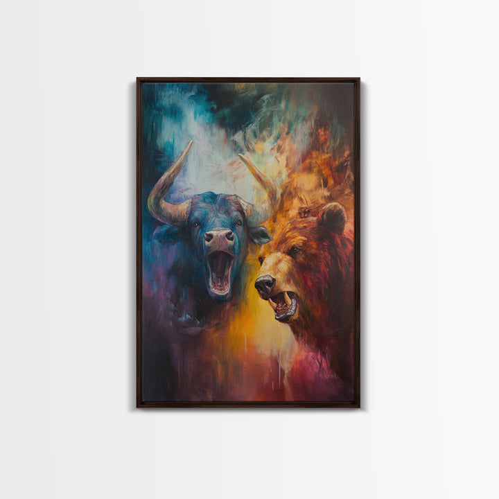 Bull and Bear Duel Framed Canvas Print Vibrant Moody Art Rustic Wall Art Unique Gift Idea Living Room Decor Animal Art Financial Market Theme
