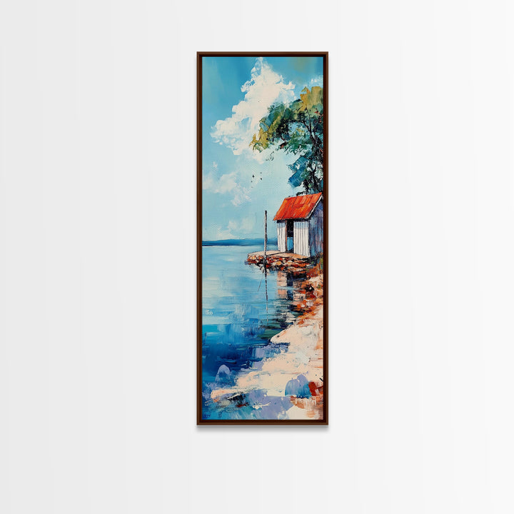 Lakeside Cabin, coastal landscape art, nautical decor, rustic art, beach house wall art, above bed wall art, Framed Canvas Print