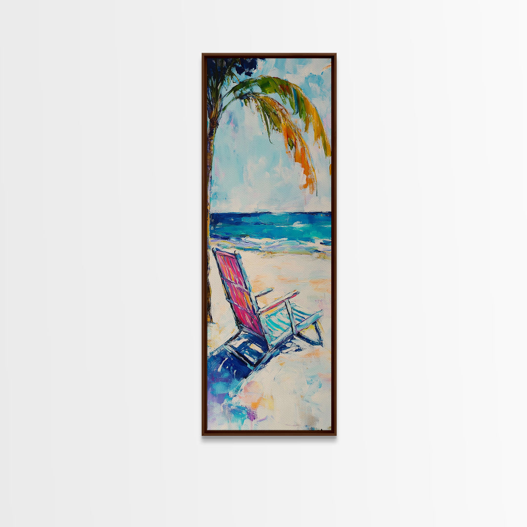 Beach Chair, Palm Tree, Coastal Wall Art, Seascape Painting, Nautical Decor, Coastal Wall Art, Framed Canvas Print, Living Room Art