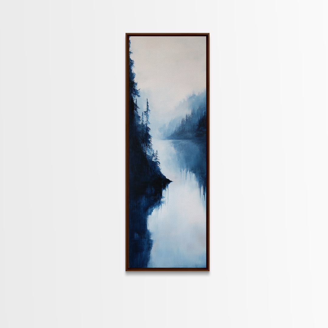 Misty Lake, pine tree art, moody art, mountain painting, wabi sabi art, blue and green wall art, Framed Canvas Print, rustic wall art