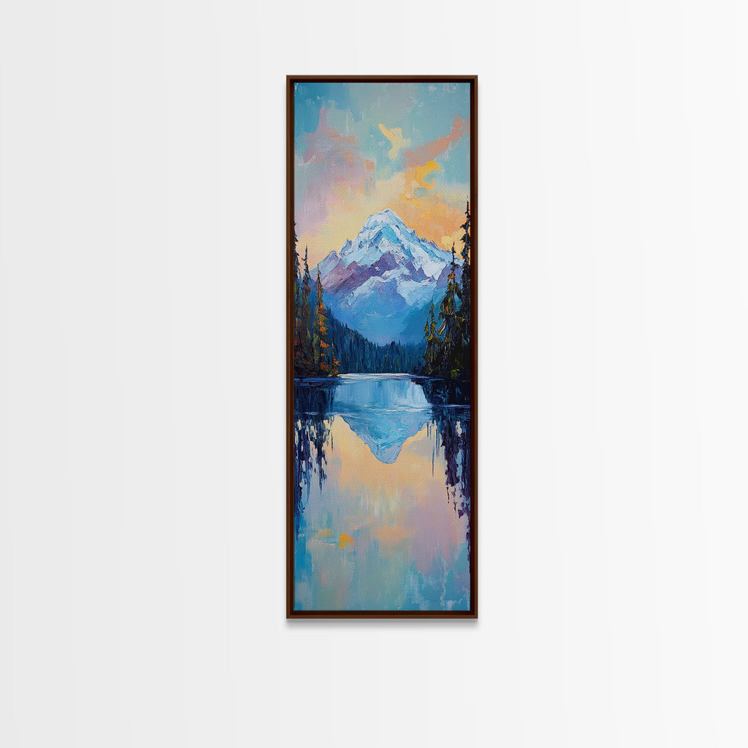 Sunset Mountain, lake Tahoe art, pine tree art, mountain painting, rustic wall art, above couch art, Framed Canvas Print
