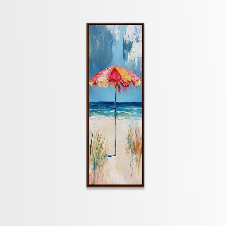 Beach Umbrella, Ocean Breeze, Coastal Decor, Surf Wall Art, Nautical Painting, Coastal Wall Art, Framed Canvas Print, Tall Skinny Art