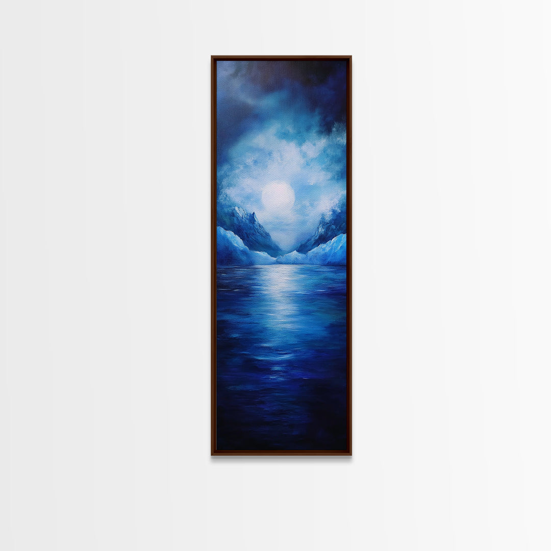 Moonlit Lake, Mountain Painting, Moody Art, Coastal Landscape, Nautical Wall Art, Christmas, Framed Canvas Print
