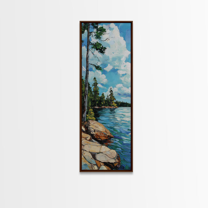 Rocky Shore, Pine Tree Art, Coastal Landscape, Nautical Painting, Blue and Green Wall Art, Framed Canvas Print,