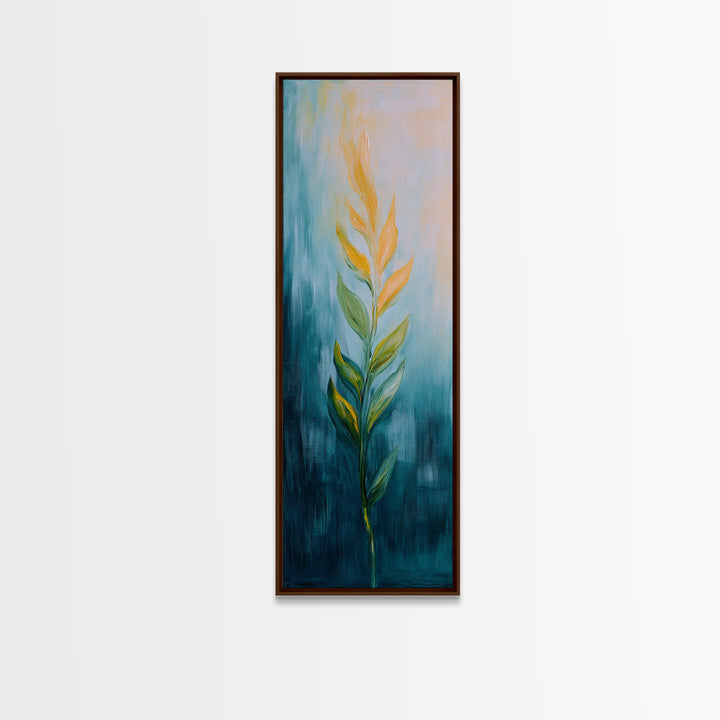 Botanical, teal and gold, minimalist art, wabi sabi art, vertical wall art, framed canvas print, modern decor, bedroom art
