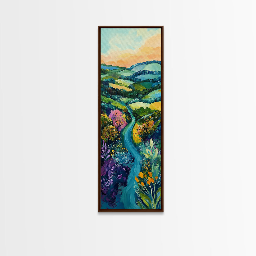 Rolling Hills, Ireland painting, wildflower painting, green wall art, farmhouse decor, Framed Canvas Print, landscape painting