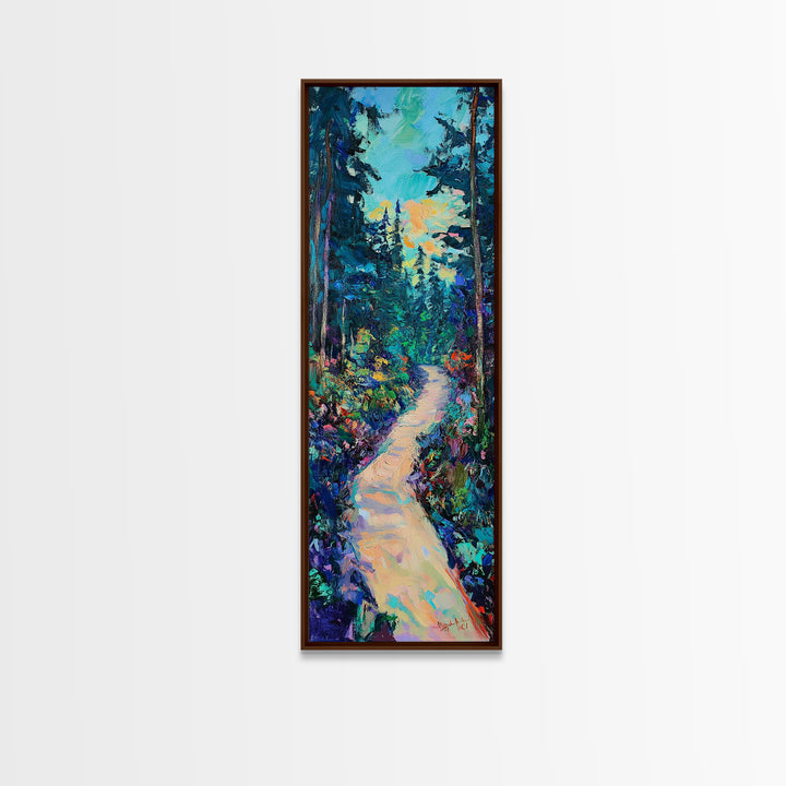 Abstract Forest Path, moody art, landscape painting, wildflower painting, pine tree art, framed canvas print, vertical wall art
