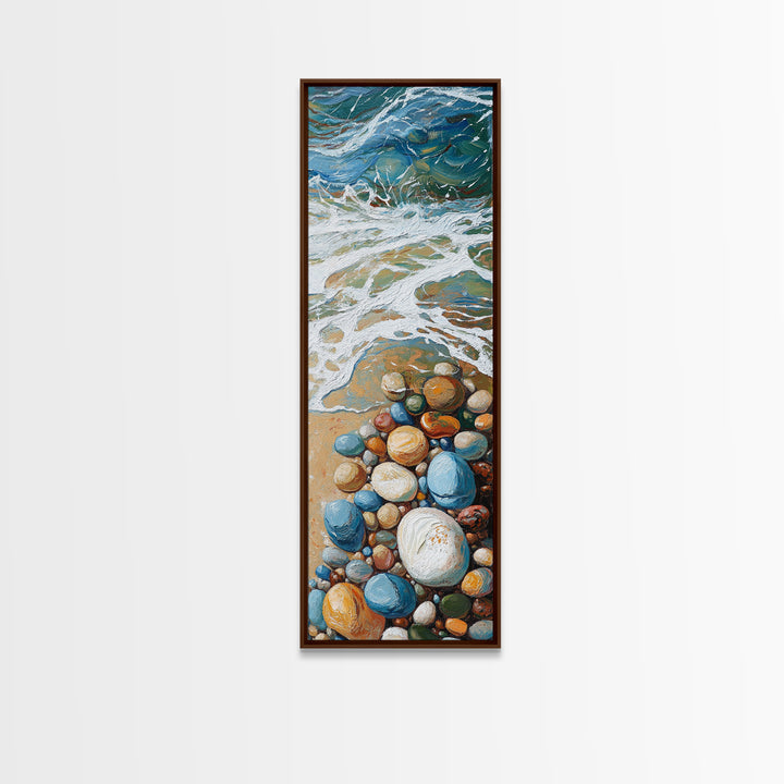 Pebble Beach Art, coastal painting, framed canvas print, beach house decor, nautical wall art, blue and green wall art