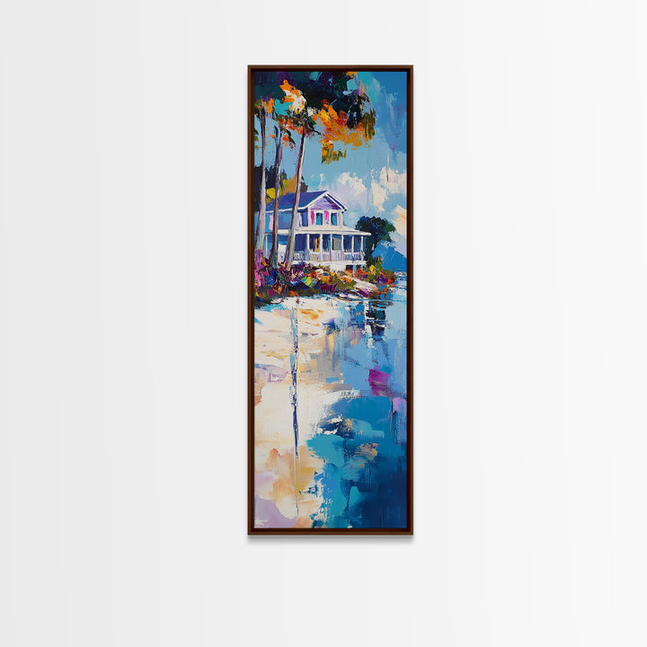 Beach House, Coastal Painting, Vibrant Landscape, Nautical Wall Art, Living Room Art, Above Bed Wall Art, Framed Canvas Print