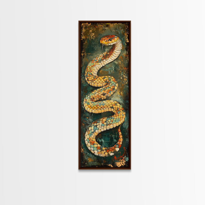 Coiled Snake, Wildlife Painting, Moody Art, Rustic Decor, Extra Wide Art, Above Sofa Art, Living Room Art, Framed Canvas Print