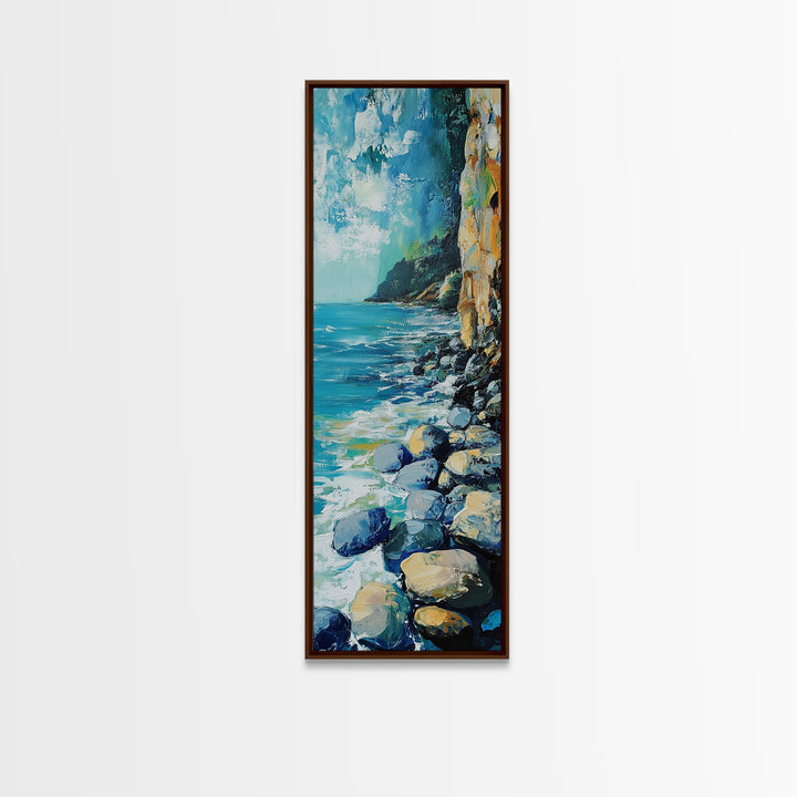 Rocky Shoreline, coastal landscape art, nautical decor, framed canvas print, lake Tahoe art, extra wide art, ocean painting
