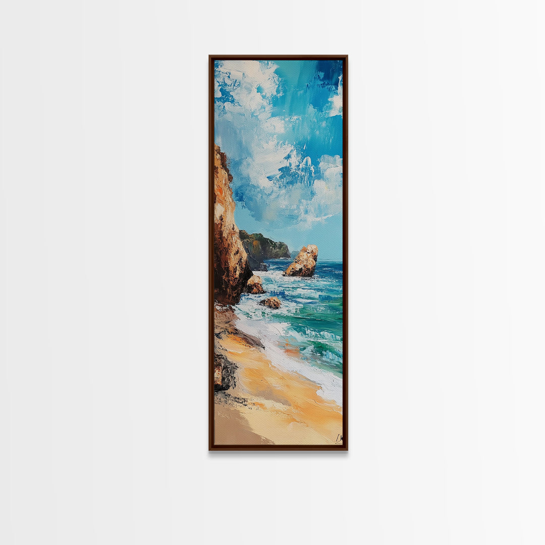 Coastal Beach, Ocean Waves, Rocky Shore, Framed Canvas Print, coastal decor, nautical wall art, seascape painting, rustic art