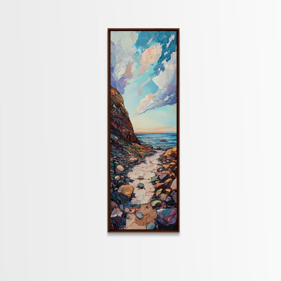 Rocky Coastline, Ocean Waves, Beach Path, Framed Canvas Print, coastal landscape art, farmhouse art, rustic décor