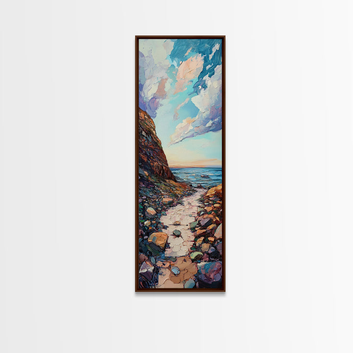 Rocky Coastline, Ocean Waves, Beach Path, Framed Canvas Print, coastal landscape art, farmhouse art, rustic décor