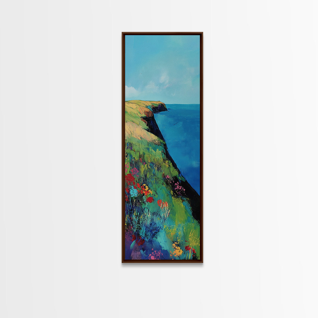 Coastal cliffs, Ireland painting, wildflower painting, landscape painting, framed canvas print, extra wide art