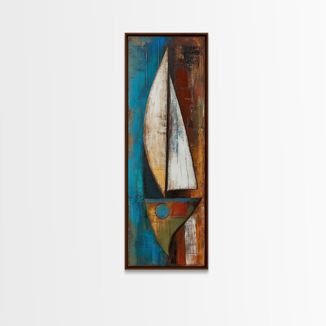 Abstract sailboat, nautical painting, long narrow wall art, framed canvas print, rustic art, extra wide art, blue and green wall art