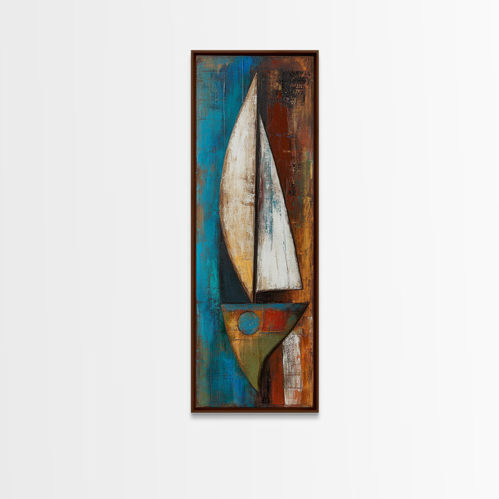 Abstract sailboat, nautical painting, long narrow wall art, framed canvas print, rustic art, extra wide art, blue and green wall art