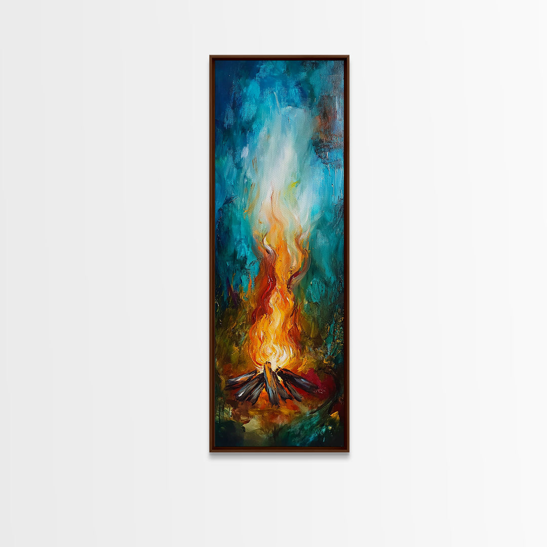 Cozy Campfire, rustic decor, autumn painting, moody art, forest at dusk painting, wabi sabi art, framed canvas print, vertical wall art