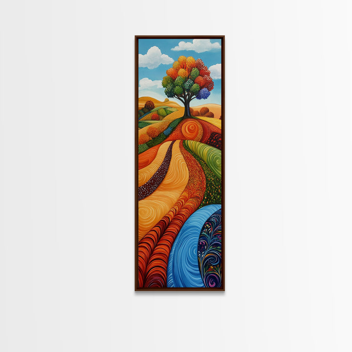 Colorful Fields, folk art, Russian folk art, pink orange wall art, bright and bold, framed canvas print, extra wide art