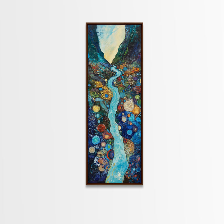 Abstract River, mosaic wall art, blue and green wall art, geometric wall art, whimsical art, framed canvas print, tall narrow art