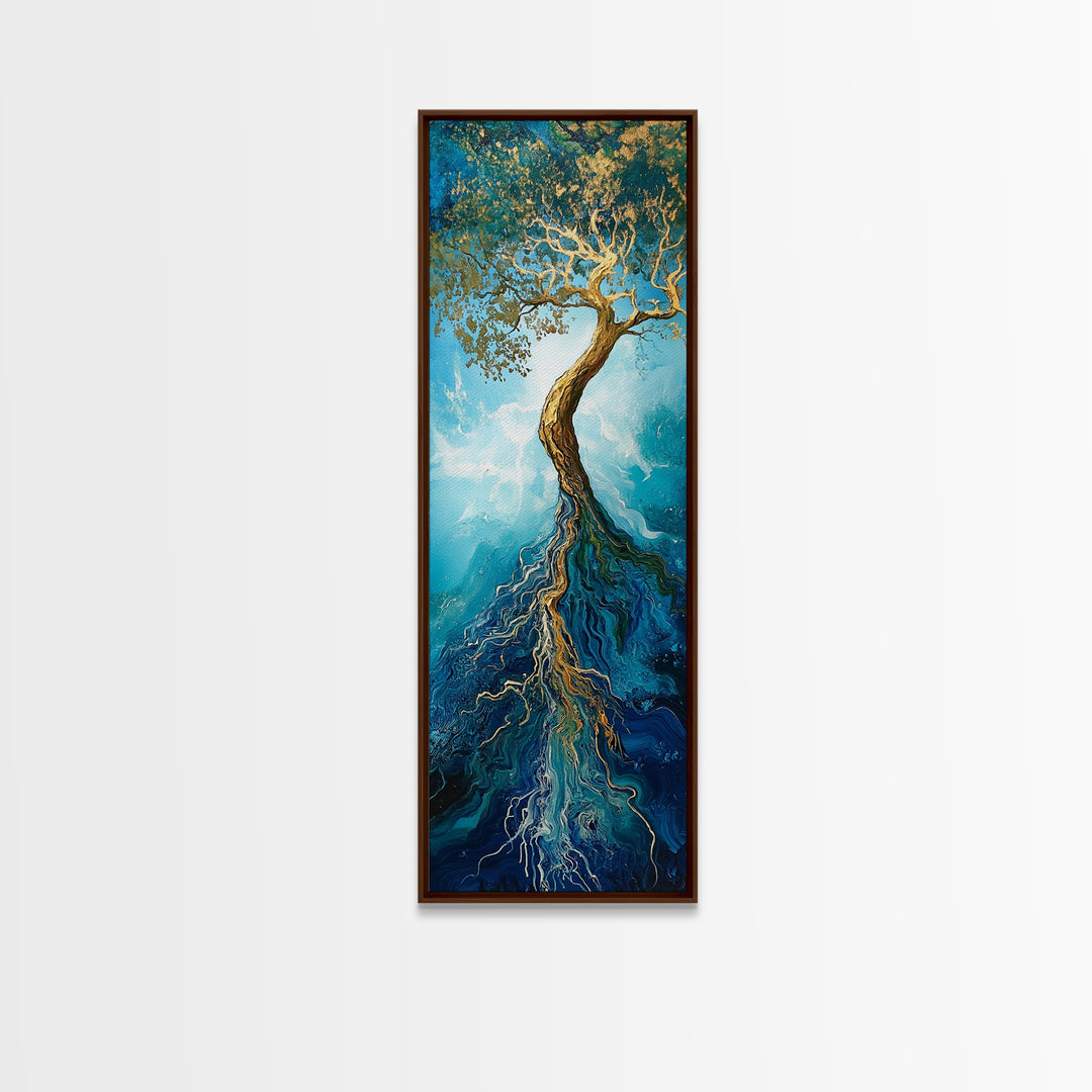 Rooted Tree, oak tree art, blue and green wall art, sacred geometry wall art, mystical art, framed canvas print, vertical wall art